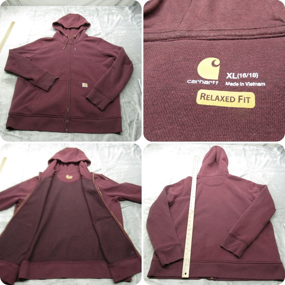 Carhartt Hoodie Womens XL 16/18 Purple Pockets‎ Relaxed Fit Full Zip Heavyweight
